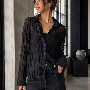 Black Sheer Crinkle Button Front Blouse Collared Y2K Goth Boho Top Medium Edgy